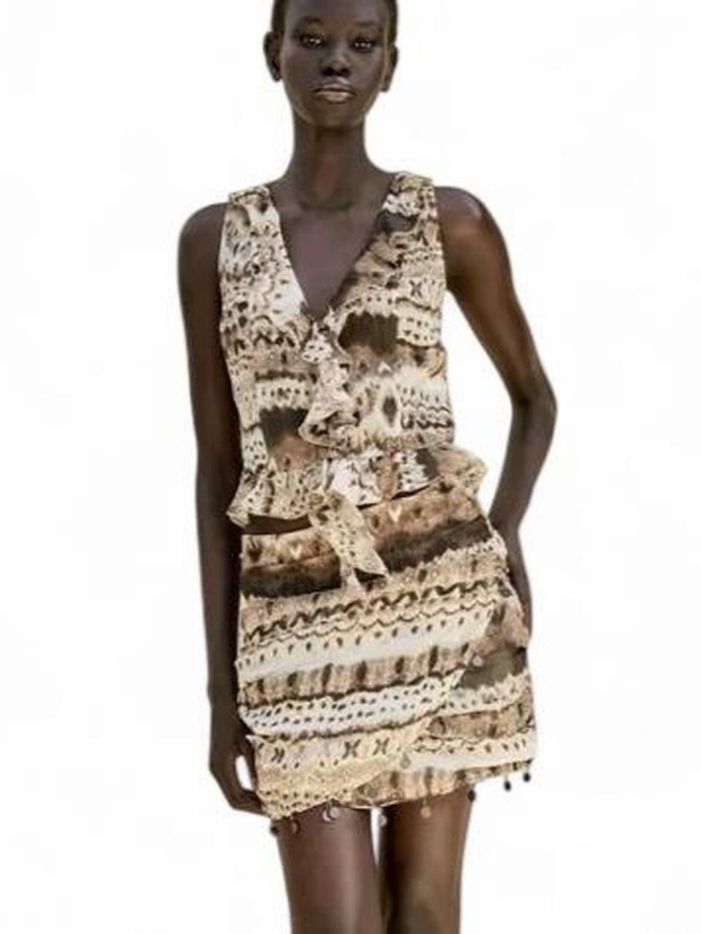 Zara brown and beige abstract pattern ruffled top & mini skirt size medium